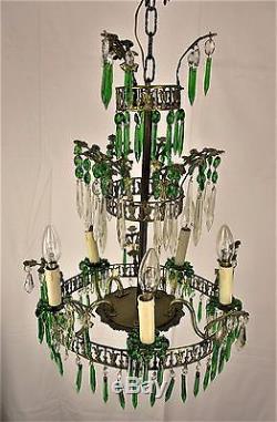 Art Nouveau Antique 3 Tier Wedding Chandelier Green Prisms 1900 Brass bronze