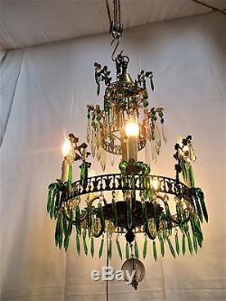 Art Nouveau Antique 3 Tier Wedding Chandelier Green Prisms 1900 Brass bronze
