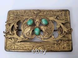 Art Nouveau Antique Brass Leaves Floral Green Glass Victorian Sash Buckle Pin