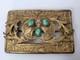 Art Nouveau Antique Brass Leaves Floral Green Glass Victorian Sash Buckle Pin