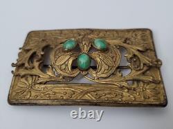 Art Nouveau Antique Brass Leaves Floral Green Glass Victorian Sash Buckle Pin