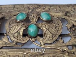 Art Nouveau Antique Brass Leaves Floral Green Glass Victorian Sash Buckle Pin