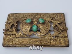 Art Nouveau Antique Brass Leaves Floral Green Glass Victorian Sash Buckle Pin