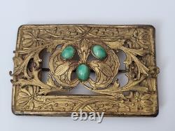 Art Nouveau Antique Brass Leaves Floral Green Glass Victorian Sash Buckle Pin