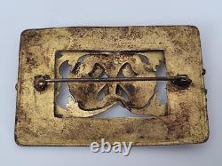Art Nouveau Antique Brass Leaves Floral Green Glass Victorian Sash Buckle Pin