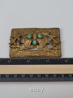 Art Nouveau Antique Brass Leaves Floral Green Glass Victorian Sash Buckle Pin