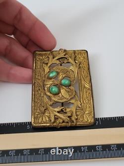 Art Nouveau Antique Brass Leaves Floral Green Glass Victorian Sash Buckle Pin