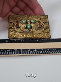 Art Nouveau Antique Brass Leaves Floral Green Glass Victorian Sash Buckle Pin