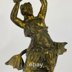 Art Nouveau Antique Bronze Spelter Mermaid Figurine Glass Bowl Epergne