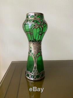 Art Nouveau Antique Green Glass Vase with Engraved Silver Overlay