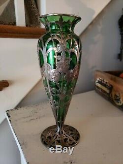 Art Nouveau Antique Green Glass Vase with Fine Silver (999/1000) Overlay Alvin