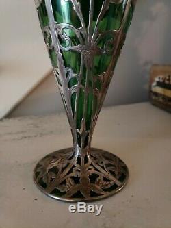 Art Nouveau Antique Green Glass Vase with Fine Silver (999/1000) Overlay Alvin