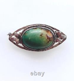 Art Nouveau Antique Green Turquoise Sterling Silver 925 Foliate Brooch Pin 1.35