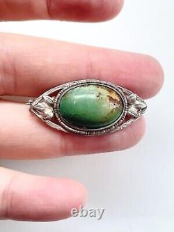Art Nouveau Antique Green Turquoise Sterling Silver 925 Foliate Brooch Pin 1.35