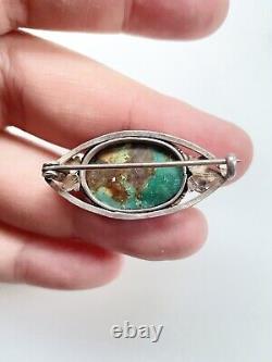 Art Nouveau Antique Green Turquoise Sterling Silver 925 Foliate Brooch Pin 1.35