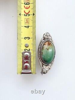 Art Nouveau Antique Green Turquoise Sterling Silver 925 Foliate Brooch Pin 1.35