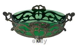 Art Nouveau Antique Metal Fruit Bowl With Green Uranium Glass Liner