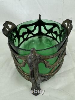 Art Nouveau Antique Metal Fruit Bowl With Green Uranium Glass Liner