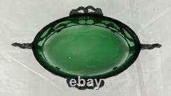Art Nouveau Antique Metal Fruit Bowl With Green Uranium Glass Liner