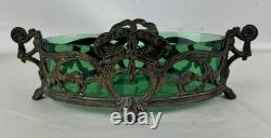 Art Nouveau Antique Metal Fruit Bowl With Green Uranium Glass Liner