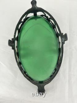 Art Nouveau Antique Metal Fruit Bowl With Green Uranium Glass Liner