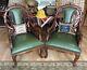 Art Nouveau Art Deco Green Leather Carved Pair Of Arm Chairs
