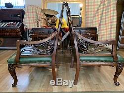 Art Nouveau Art Deco Green Leather Carved Pair of Arm Chairs