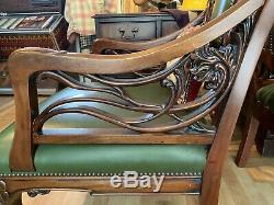 Art Nouveau Art Deco Green Leather Carved Pair of Arm Chairs