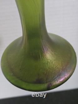 Art Nouveau Art Glass Hand-Blown Green Purple Iridescent 7 Loetz Ruffle Vase