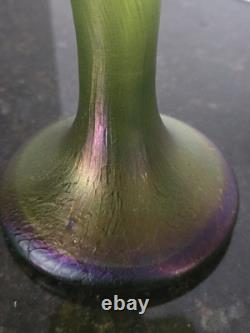 Art Nouveau Art Glass Hand-Blown Green Purple Iridescent 7 Loetz Ruffle Vase