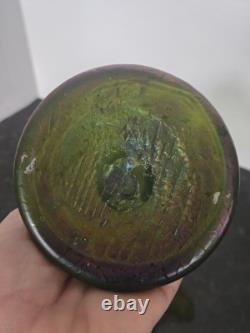 Art Nouveau Art Glass Hand-Blown Green Purple Iridescent 7 Loetz Ruffle Vase