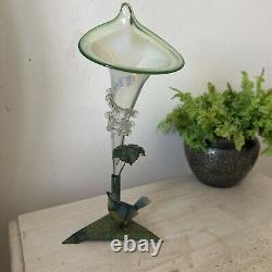 Art Nouveau Austrian Blue Tit Cold Painted Pressed Tin Bird Epergne Glass Vase