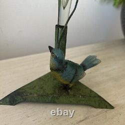 Art Nouveau Austrian Blue Tit Cold Painted Pressed Tin Bird Epergne Glass Vase