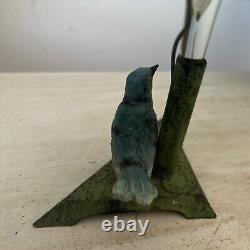 Art Nouveau Austrian Blue Tit Cold Painted Pressed Tin Bird Epergne Glass Vase