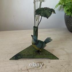 Art Nouveau Austrian Blue Tit Cold Painted Pressed Tin Bird Epergne Glass Vase