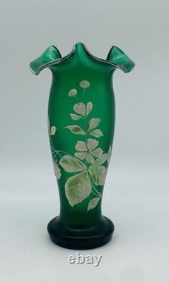 Art Nouveau BOHEMIAN Green Satin Glass Ruffled Vase with Enameled Flowers