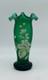Art Nouveau Bohemian Green Satin Glass Ruffled Vase With Enameled Flowers