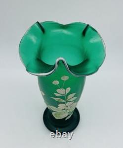 Art Nouveau BOHEMIAN Green Satin Glass Ruffled Vase with Enameled Flowers
