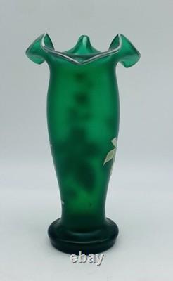 Art Nouveau BOHEMIAN Green Satin Glass Ruffled Vase with Enameled Flowers
