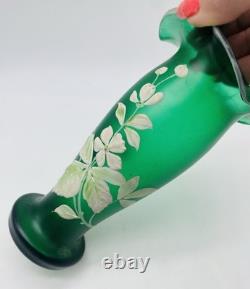 Art Nouveau BOHEMIAN Green Satin Glass Ruffled Vase with Enameled Flowers
