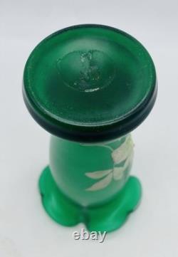 Art Nouveau BOHEMIAN Green Satin Glass Ruffled Vase with Enameled Flowers