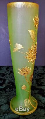 Art Nouveau Baccarat FR. Crystal Vaseline Satin Green Gold Gilded Vase C. 1900