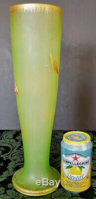 Art Nouveau Baccarat FR. Crystal Vaseline Satin Green Gold Gilded Vase C. 1900