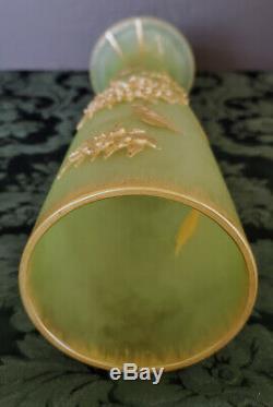 Art Nouveau Baccarat FR. Crystal Vaseline Satin Green Gold Gilded Vase C. 1900