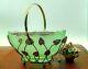 Art Nouveau Bagley Green Glass Evesham Posy Basket With Gold Metal Stand 1920