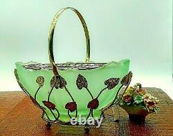 Art Nouveau Bagley Green Glass Evesham Posy Basket with gold metal stand 1920
