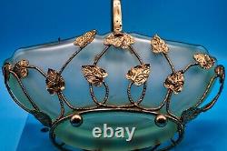 Art Nouveau Bagley Green Glass Evesham Posy Basket with gold metal stand 1920