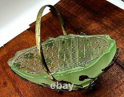Art Nouveau Bagley Green Glass Evesham Posy Basket with gold metal stand 1920