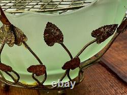 Art Nouveau Bagley Green Glass Evesham Posy Basket with gold metal stand 1920