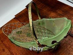 Art Nouveau Bagley Green Glass Evesham Posy Basket with gold metal stand 1920